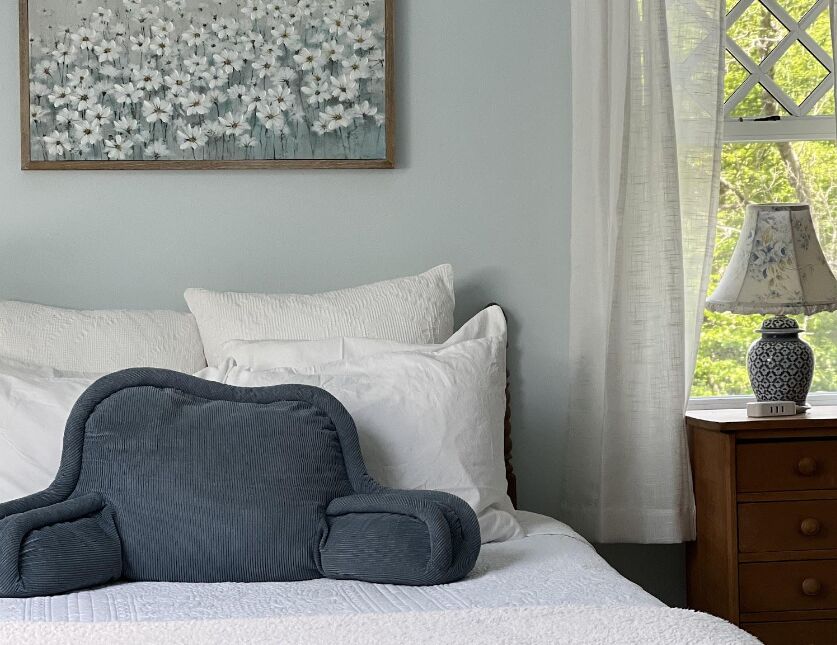 The Blue Room with a queen bed, pale blue walls and a lamp