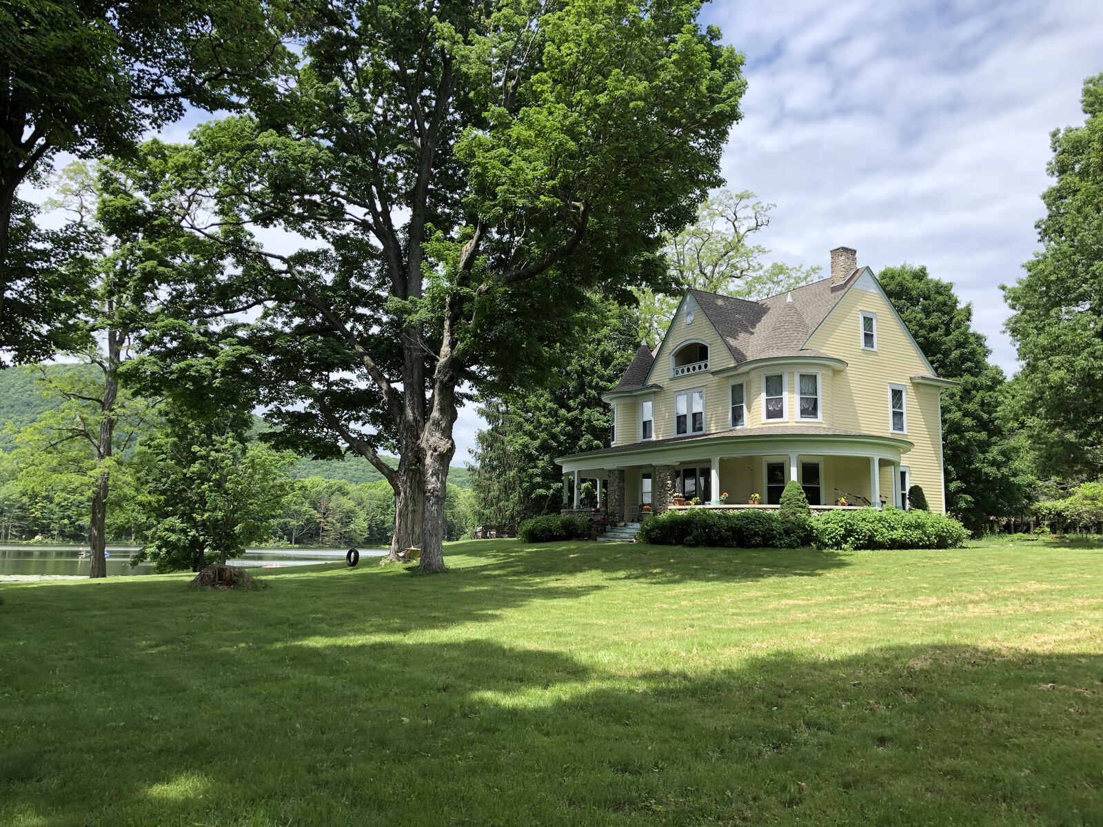 The house and lawn under tall maples in summer